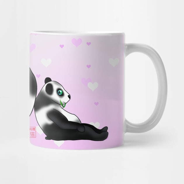 Two pandas eating bamboo on a pink background with hearts by cuisinecat